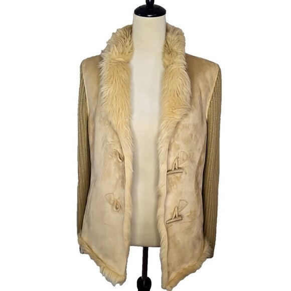 Bill Blass Sports Faux Suede Fur Womens Sweater Jacket Size M Tan Faux Fur - Picture 3 of 8